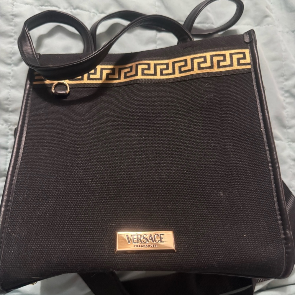 Versace Fragrances Black Tote with Gold Greek Key Accent